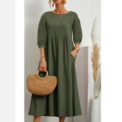 Women's Cotton Linen Dress Summer Fashion Vintage Loose Solid Lantern Sleeve Pocket Dresses O-Neck Long Femel Robe Ladies Wear