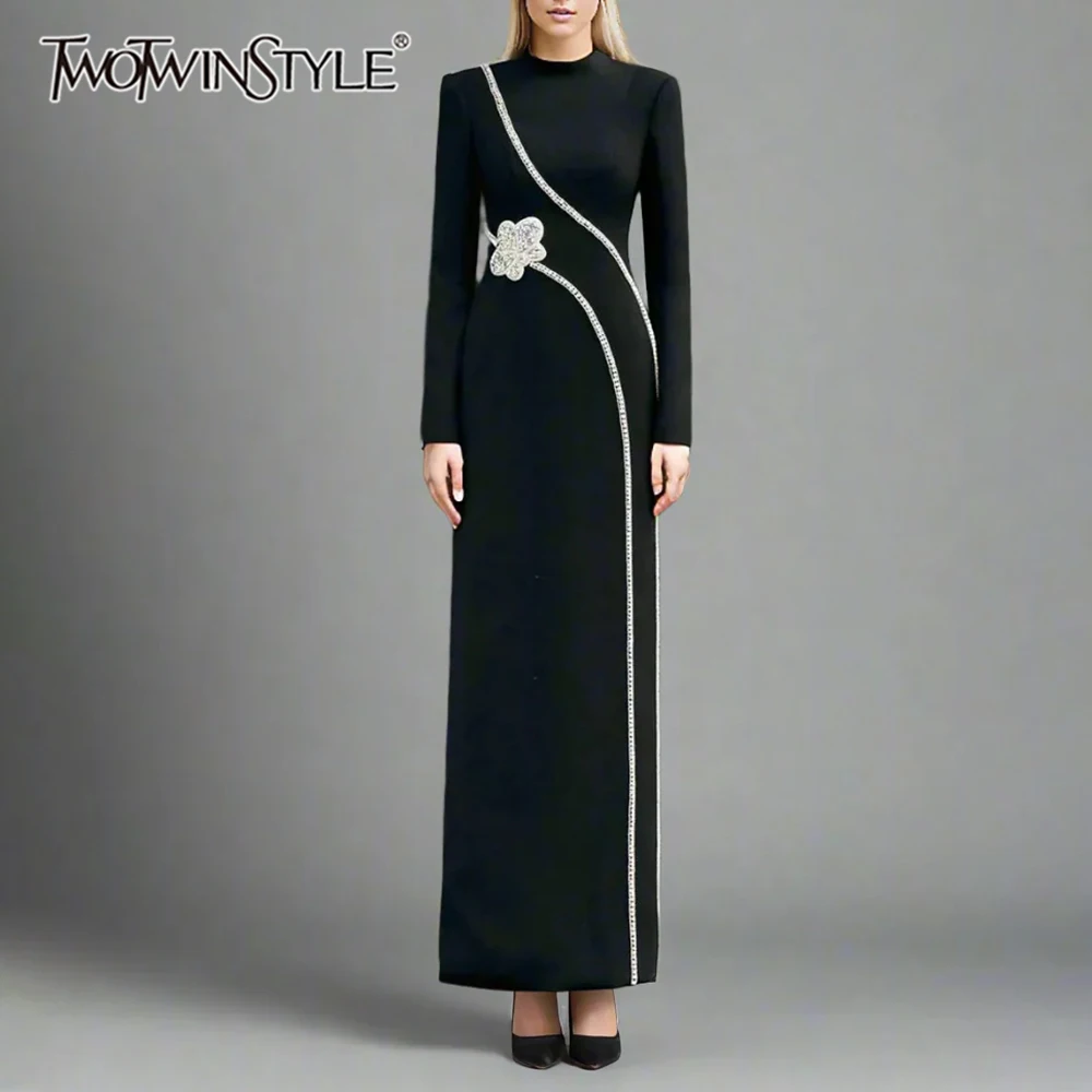 

TWOTWINSTYLE Solid Slimming Midi Dresses for Women Round Neck Long Sleeves Patchwork Diamonds Temperament Dress Female Clothing