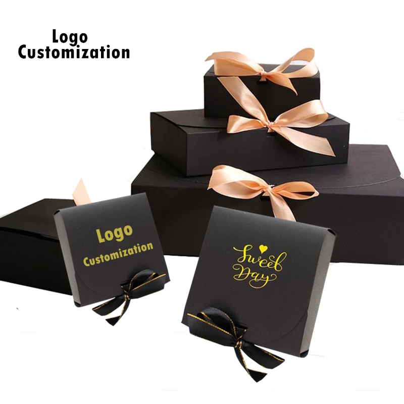 

50/100 Custom Luxury Paper Box For Wedding Gift Packing Party Anniversaire Black Small Candy Boxes Birthday Personalization Logo