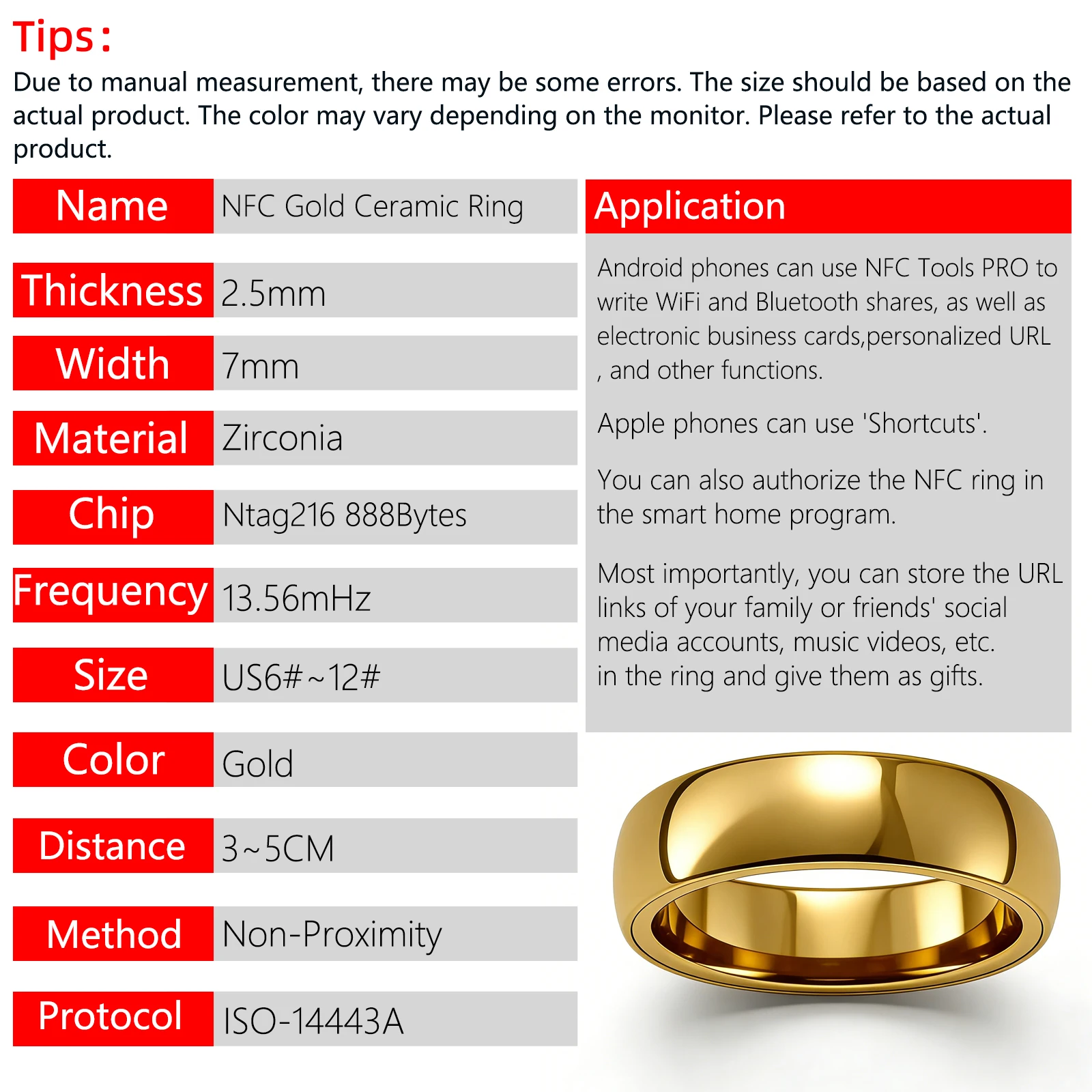 حلقة سيراميك ذهبية Ntag216 NFC، ملحق ذكي قابل للبرمجة 888 بايت لتخزين URL الشخصي، يدعم IOS أو Android