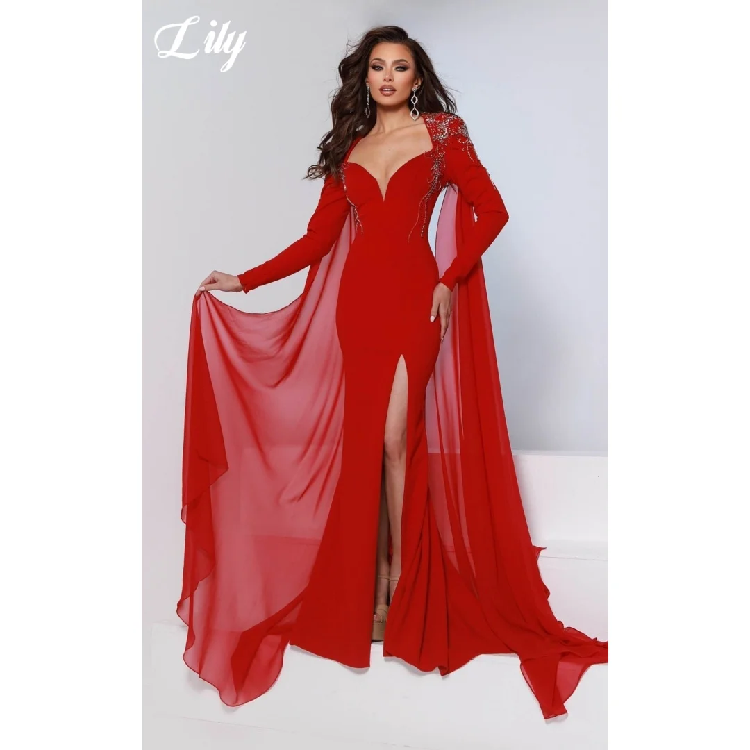

Lily Luxury Red Prom Dress Deep V Neck Beaded Shoulder Long Sleeve Chiffon Cape High Slit Mermaid Formal Evening Gown Customized