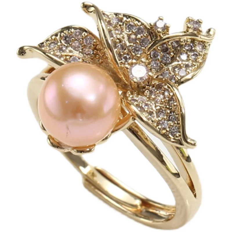 

JZ220 Медное позолоченное кольцо с цветами и цирконами, регулируемое, с жемчугом, заготовка для самостоятельного изготовления ювелирных изделий