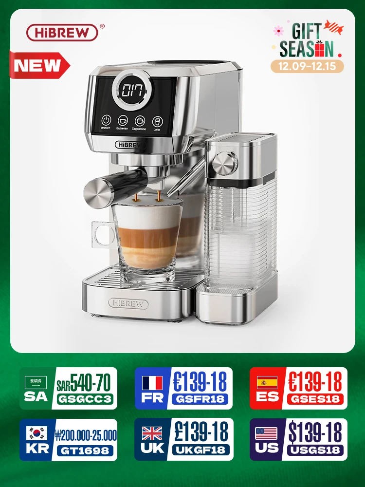 HiBREW  3 in 1 Semi Automatic Espresso Cappuccino Latte Coffee Machine Automatic Milk Froth Ground Coffee Stainless Steels H13A