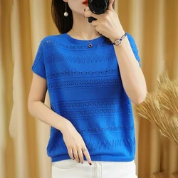 New cotton linen knitted short-sleeved round neck thin section hollow casual T-shirt women 2023 summer loose top