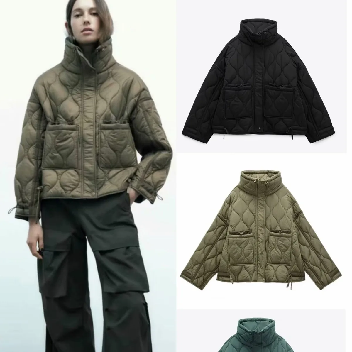 

Women's Pocket Decor Loose Long Sleeve Stand Collar Quilted Thin Cotton Jacket Coat for Women