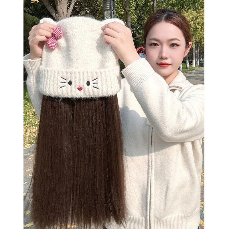 

Knitted Cap Synthetic Short Wig Cap with Natural Hair Color Black Brown Wig, Suitable for Women's Wool Products