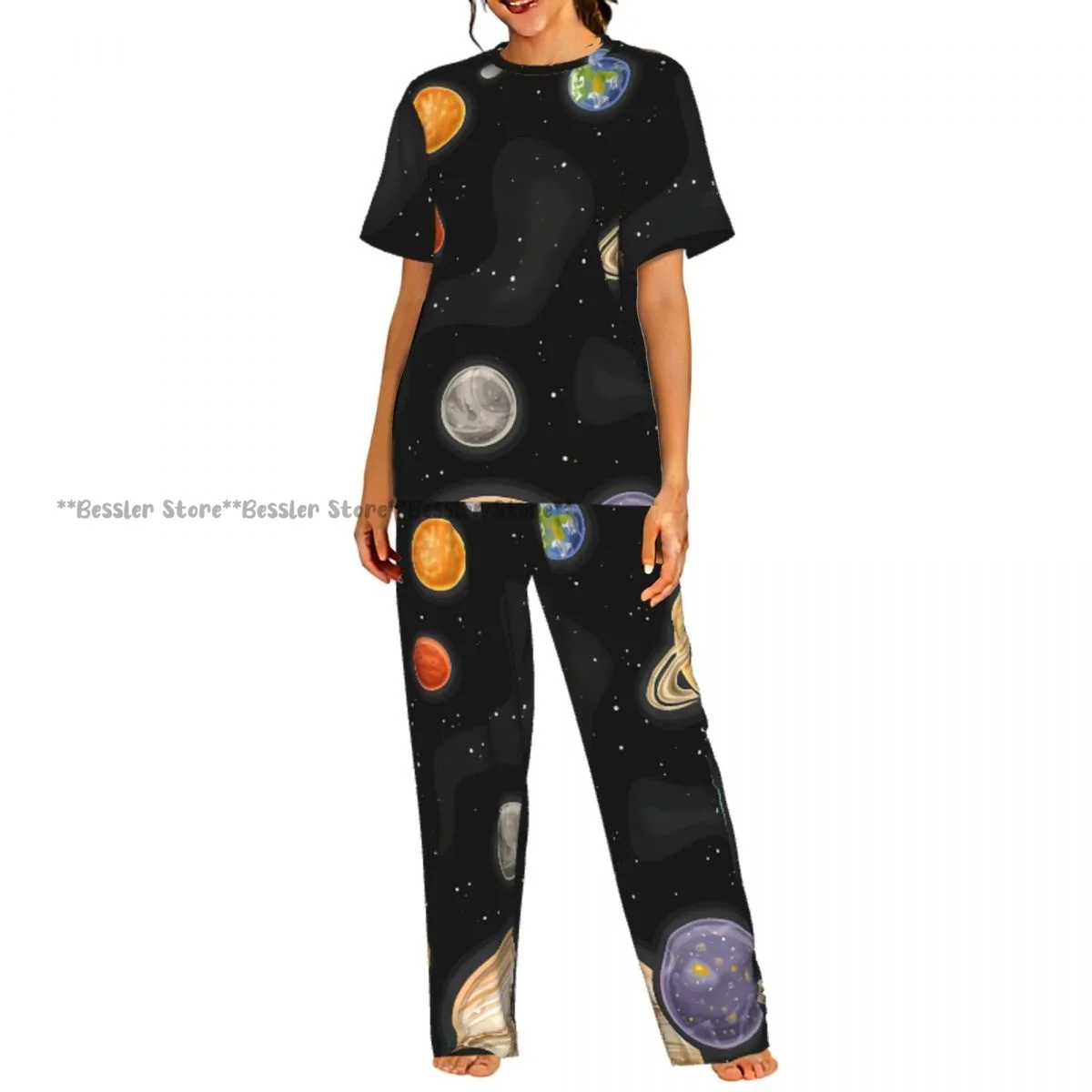 

Женский повседневный пижамный комплект с короткими рукавами и брюками, с принтом космических планет и звезд