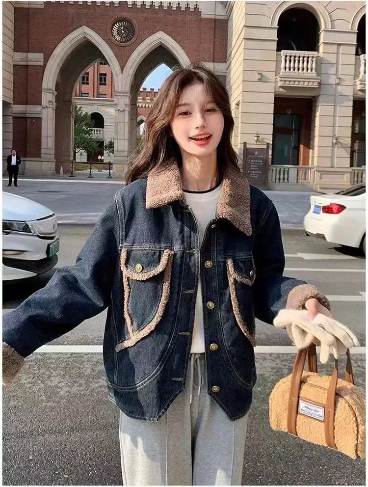 معطف الدنيم حزام الفراء أفخم المرأة الشتاء قابل للتعديل مبطن س الرقبة اصطف محب كلية الثقافات الفرعية التجمع الاجتماعي الحضري يوميا #1