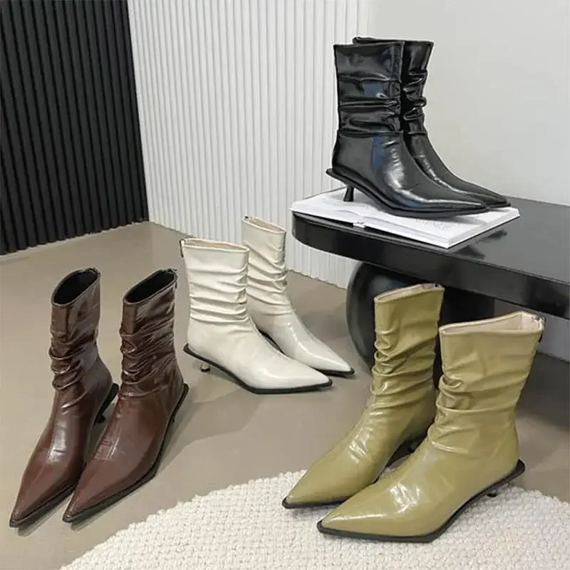 Bottes de rinçage à talons hauts pour femmes, marron pointu, fermeture éclair, cuir, mode sexy, marque de luxe, bottes de créateur plissées, automne, hiver, nouveau