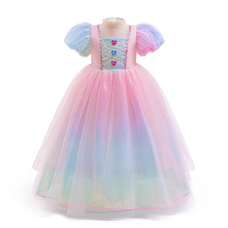 Girls Pink Gradual Change Colorful Sequins Princess Dress Puffy Sleeve Children Festivel Party Performance Costume