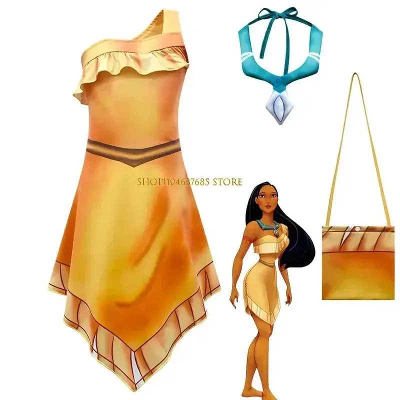 

2025 New Girls Pocahontas princess dress with necklace bag kids Beach Indian clothing Halloween birthday party dress up cosplay
