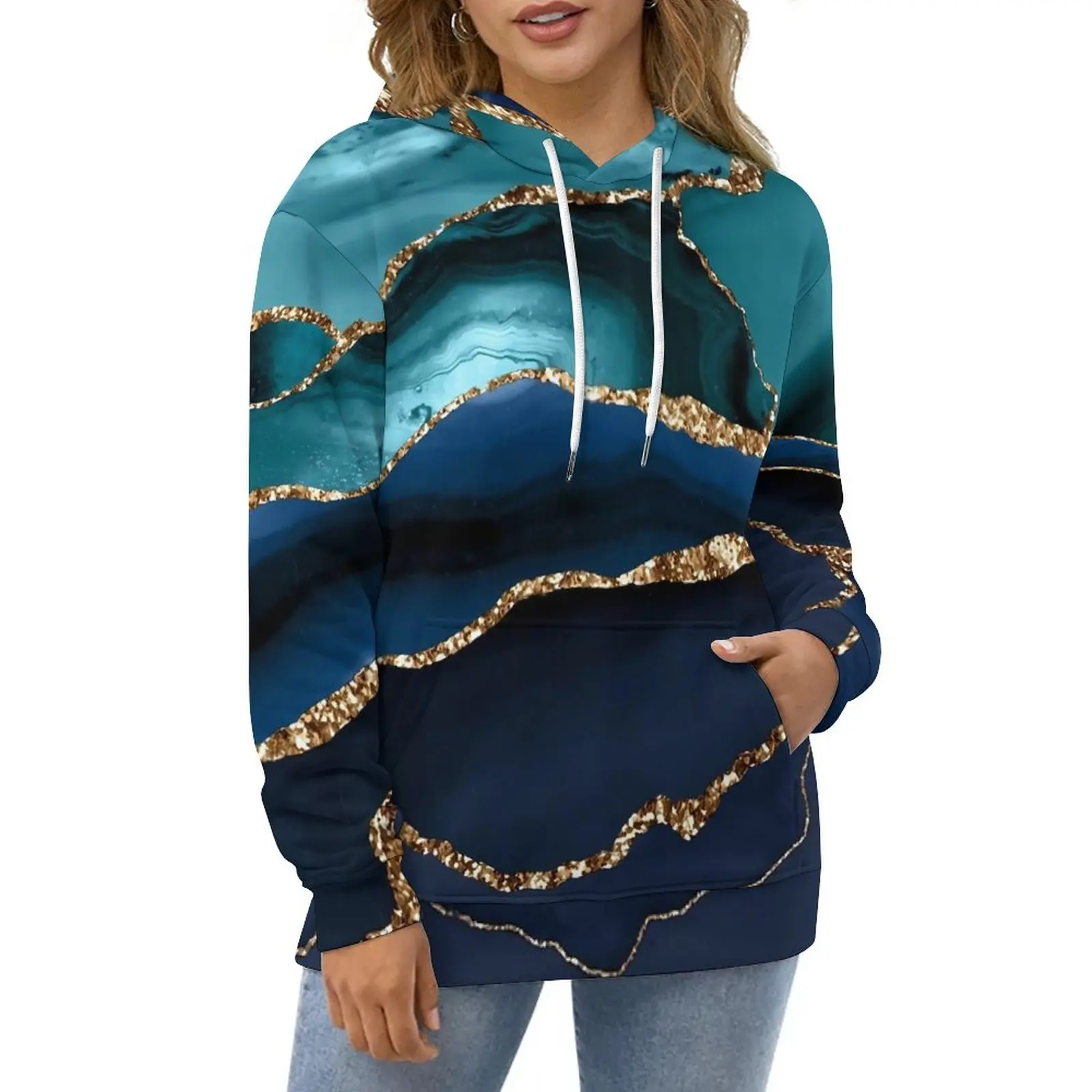 Blue Marble Hoodies Long Sleeve Abstract Liquid Elegant Casual Hoodie Autumn Hip Hop Oversize Graphic Loose Sweatshirts