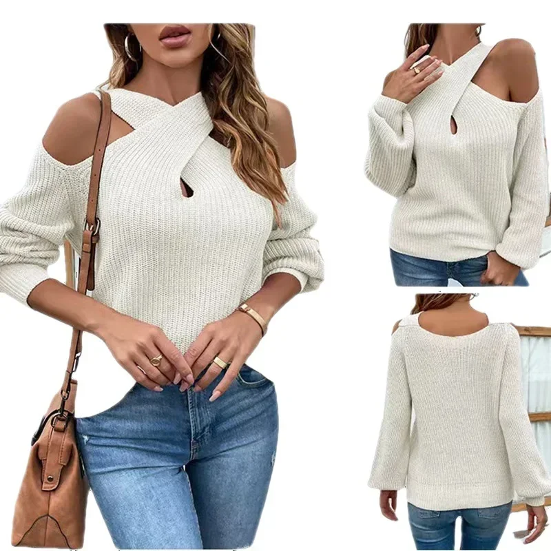 

2024 autumn winter Europe and the United States new solid color missing shoulder cross neck lantern sleeve sweater sweater woman