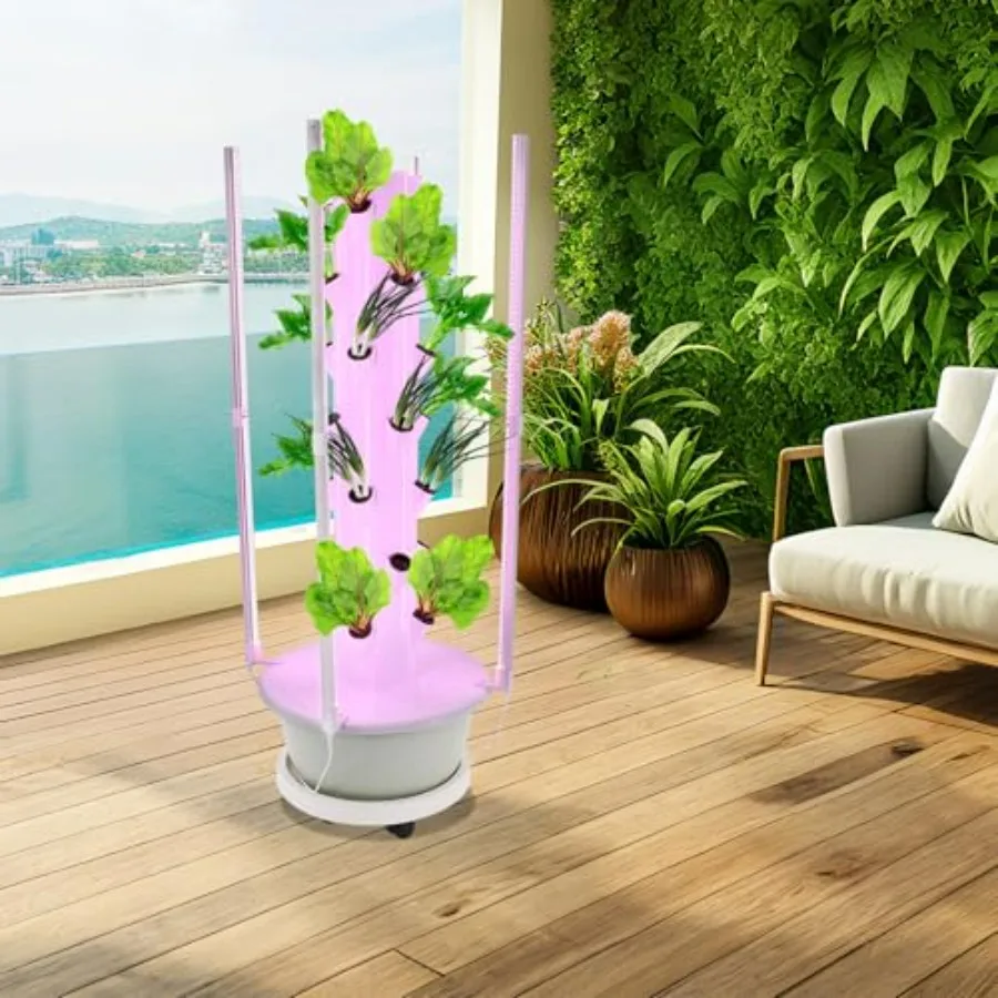 Hydroponic growing tower for indoor/outdoor garden farms and schools: white 7-tier vertical system with LED grow lights, 24-hou view 3