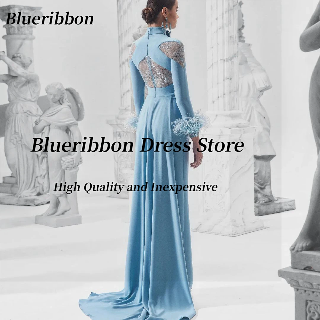 Blueribbon Haute Couture 2024 collo alto maniche lunghe abiti da sera piume decorazione in pizzo con perline abiti formali da ballo