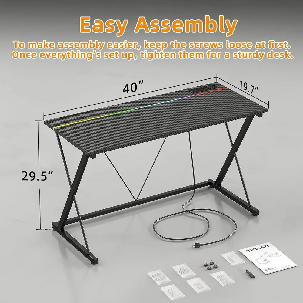 40 مكتب ألعاب مريح من ألياف الكربون مع مصابيح LED ومنافذ طاقة، ومحطة عمل للكمبيوتر الشخصي، وخطاف سماعة الرأس، مثالي للأطفال وغرفة النوم، باللون الأسود