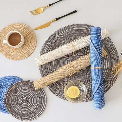 4/2 шт. Круглые коврики для стола из плетеной рами ткани, моющиеся противоскользящие коврики для обеденного стола, подставки под посуду и миски, кухонные подставки под стаканы топ 10 круглый коврик для стола 90см - №4