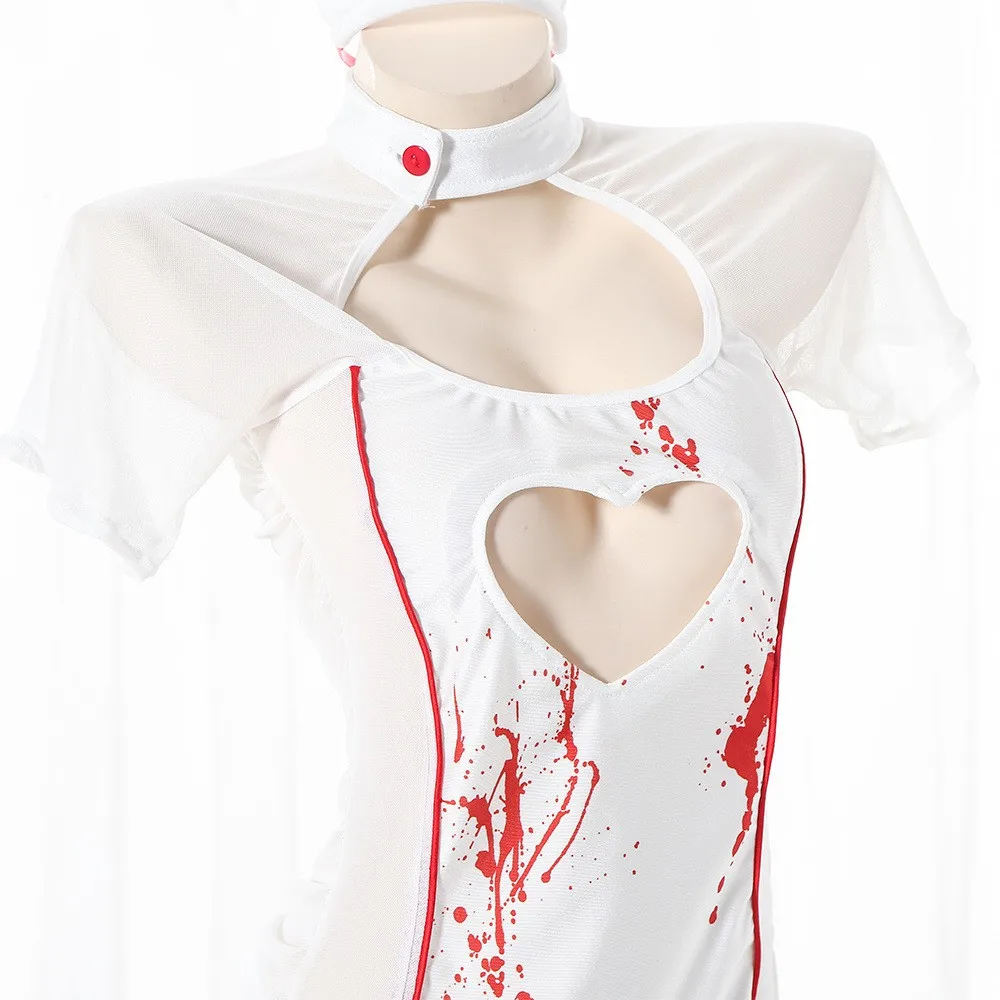 Halloween Scary Nurse Dress Sexy Hollow Out Sheer Night Dress Women Ruched Nightwear Cosplay Short Sleeve Sexuality Pajamas