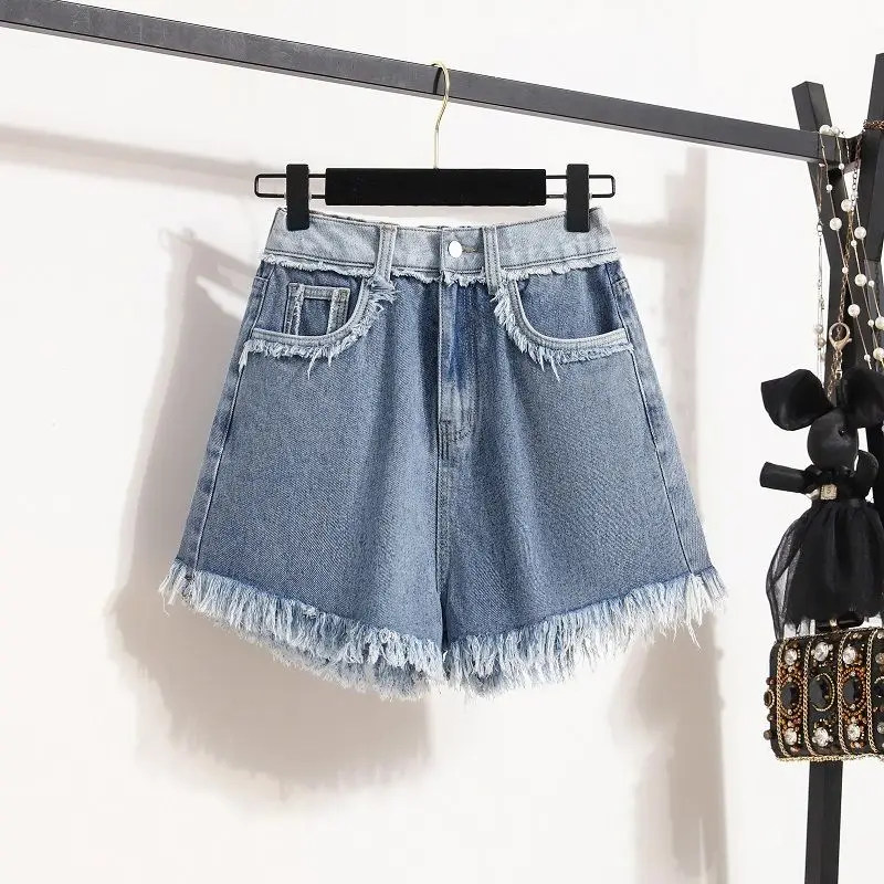 Women Summer Korean Vintage Large Size Tassel Solid Color High Waist Denim Shorts Women Clothes Casual All-match Sexy Wide Leg