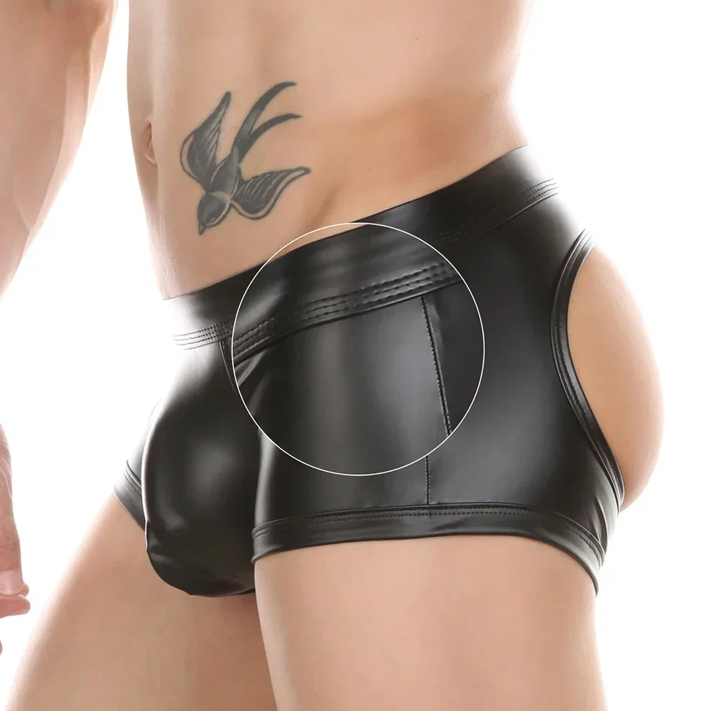 

Buttocks Hollow Mens Sexy PVC Shorts Wetlook Solid Color Boy Sissy Boxer Briefs Crotch Bulge Pouch T Panties Open Butt Underwear