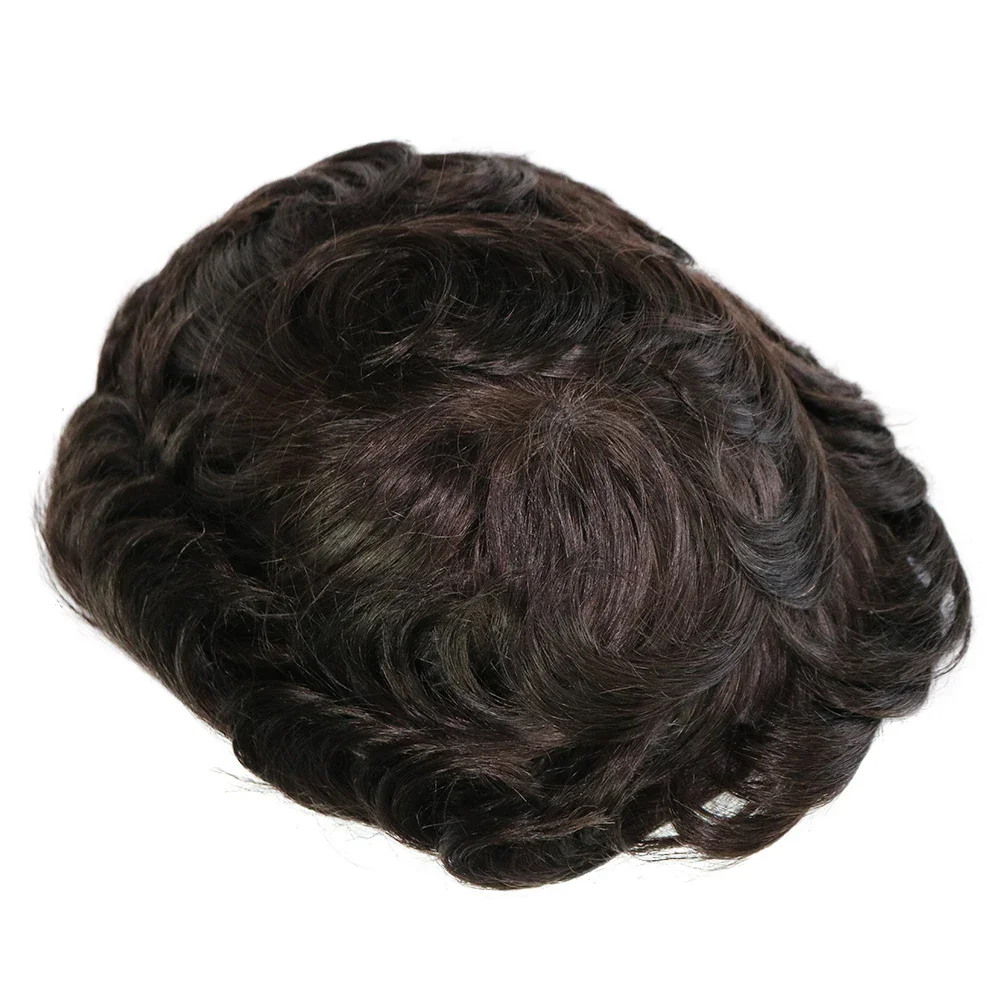 6Inch Long Super Durable 30mm Wavy Man Human Hair Mico Thin Skin PU Base Prosthesi System Capillary Dark Brown Mens Toupee