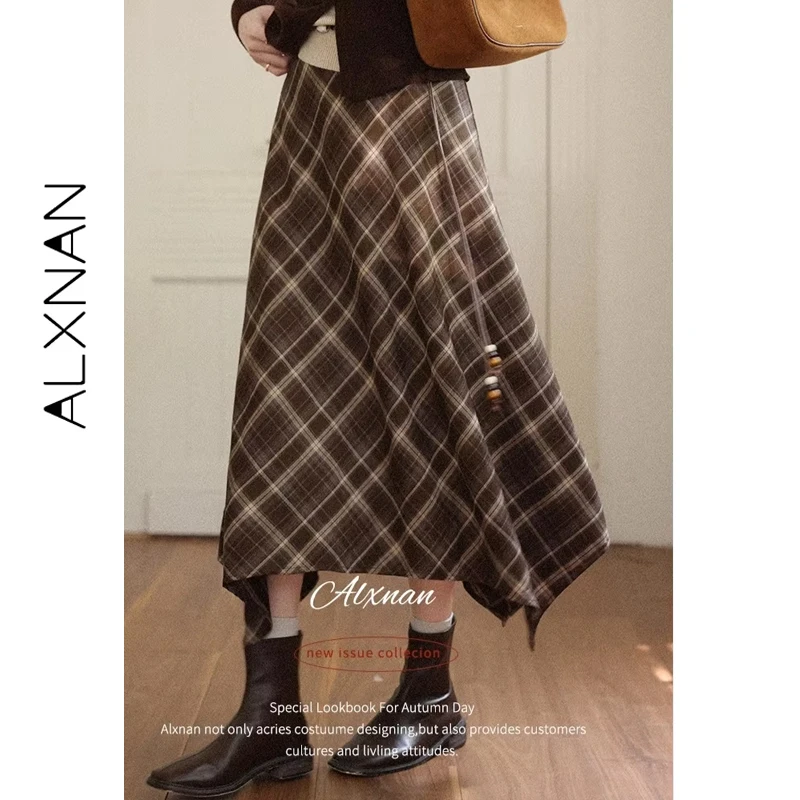 ALXNAN Damenrock, kariert, hohe Taille, unregelmäßiger Saum, A-Linie, 2025, Herbst, schlanker, Damen, sanfte weibliche lange Röcke, L57278