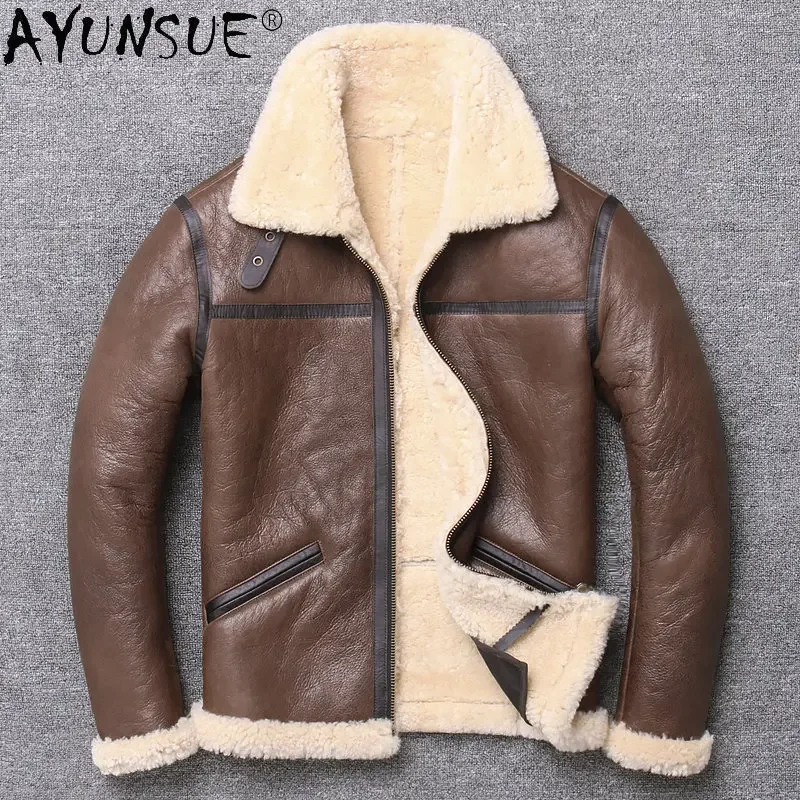 

AYUNSUE Real Shearling Coat Men Genuine Leather Motorcycle Jacket Men Leather Natural Fur Sheepskin Leather Coat Veste Homme SGG