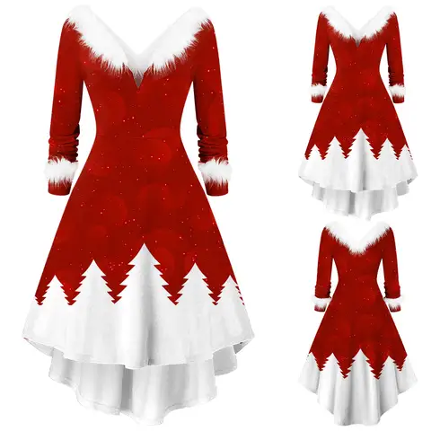 Vestidos rojos de Navidad de Año Nuevo para mujer, disfraces de Papá Noel, Cosplay, cuello peludo, manga larga, vestido de fiesta y vacaciones, bata de Navidad