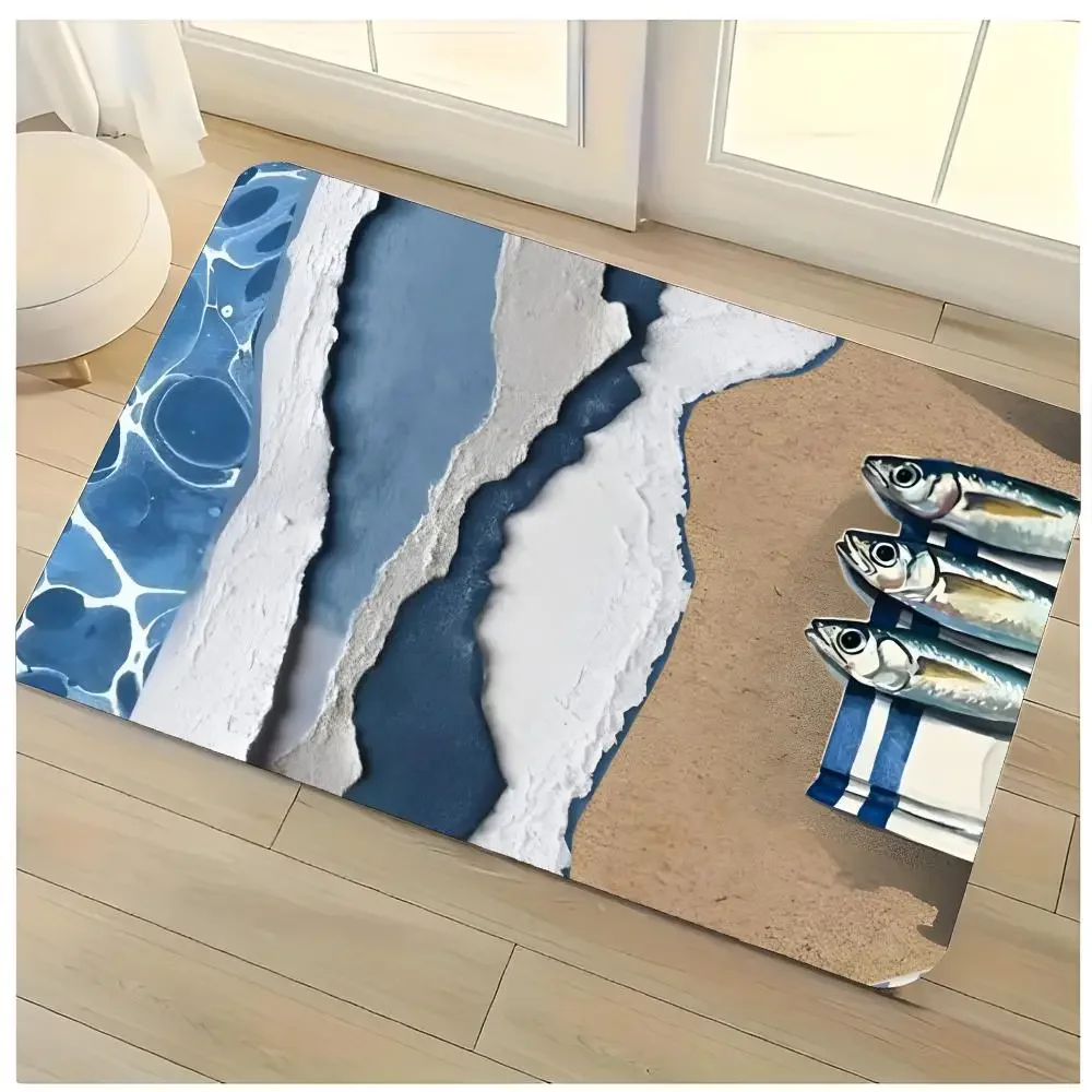 sea wave aquatic decorative print Ocean Element Floor Mat Washable Absorbent Flannel Door Mat Non-Slip Indoor Floor Rug