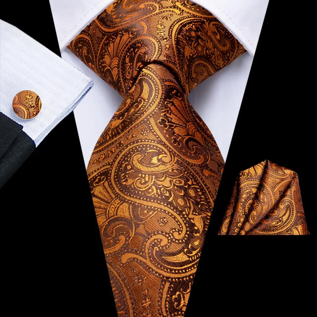 Hi-Tie Designer Orange Paisley Silk Wedding Tie For Men Handky Cufflink Gift Mens Necktie Fashion Business Party Dropshiping