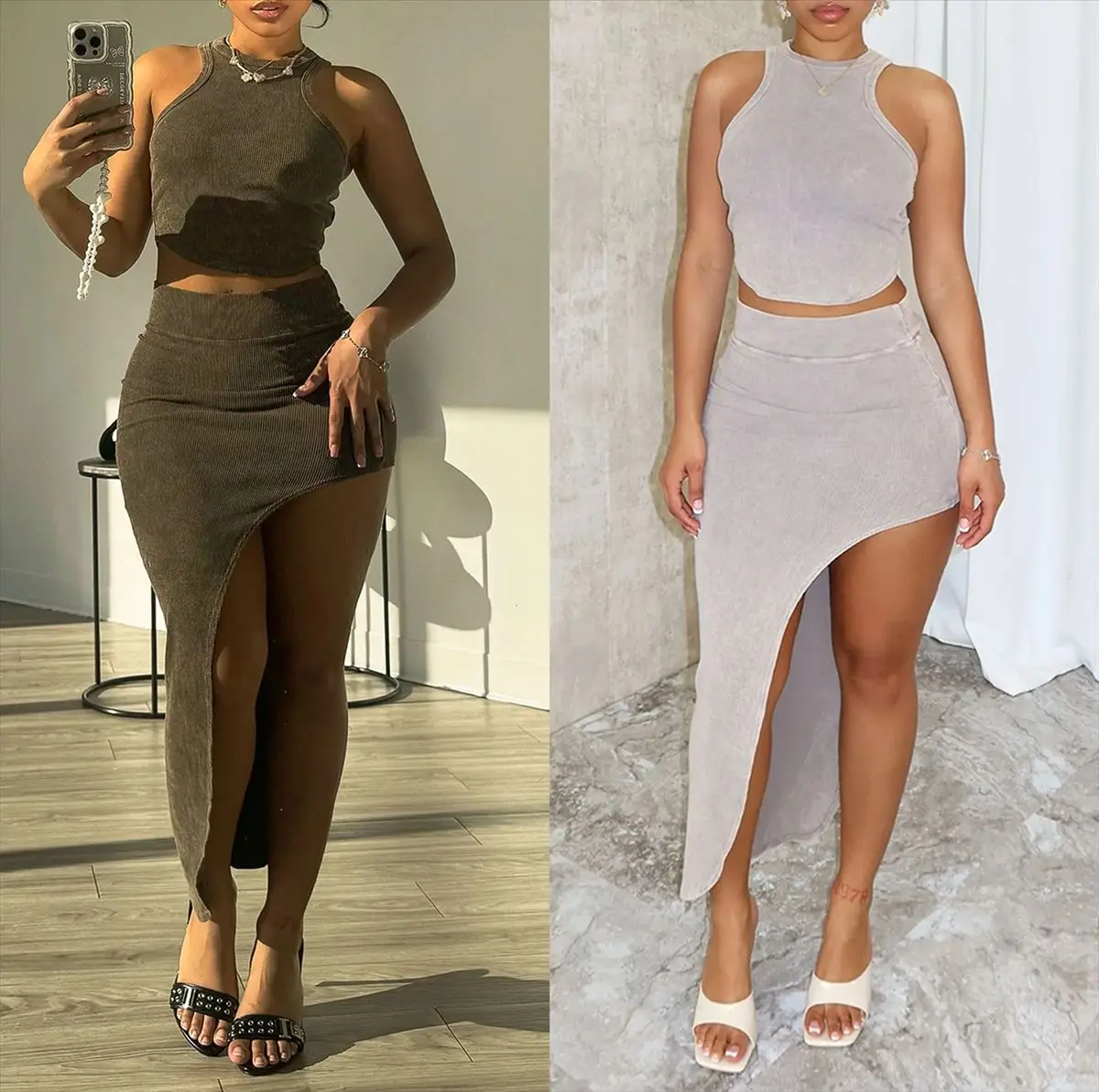 

2025 Summer New Women's Tank Top Bag Hip Set Thread Slimming Irregular Long Skirt Two Piece Set