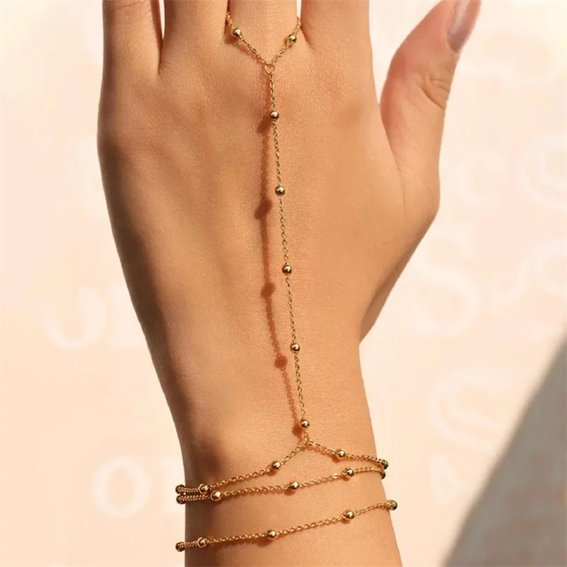 Fashion Thin Chain Connected Finger Ring Bracelets for Women Vintage Multilayer Beads Link Bangles Elegant Jewelry Gifts view 3