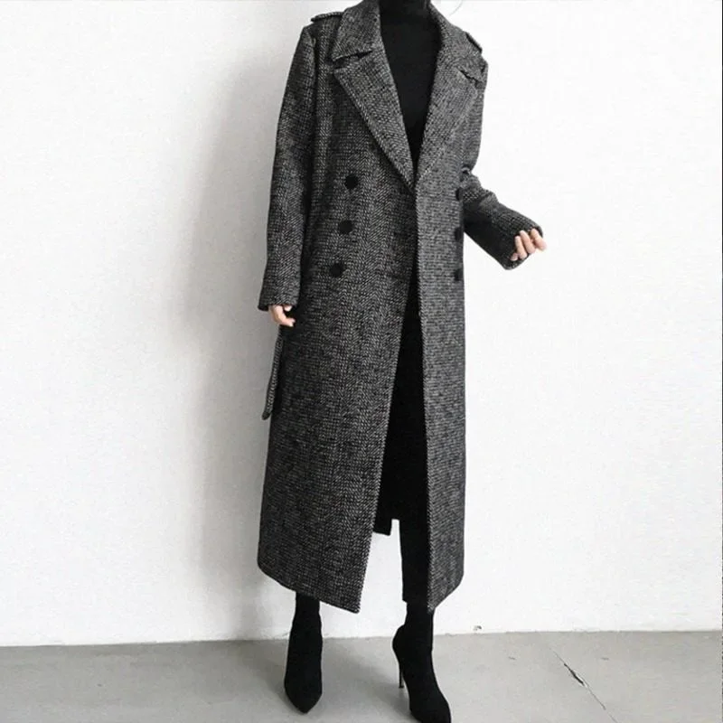 2023 Winter New Women Fashion Long Below The Knee Wool Coat Female Plaid Casual Temperament Thicken All-match Woolen Outwear