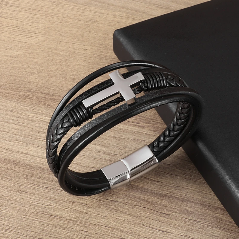 Classic Cross Leather Bracelet for Men Handsome Jewelry Gift Multilayer Wrap Bracelet with Metal Magnetic Clasp