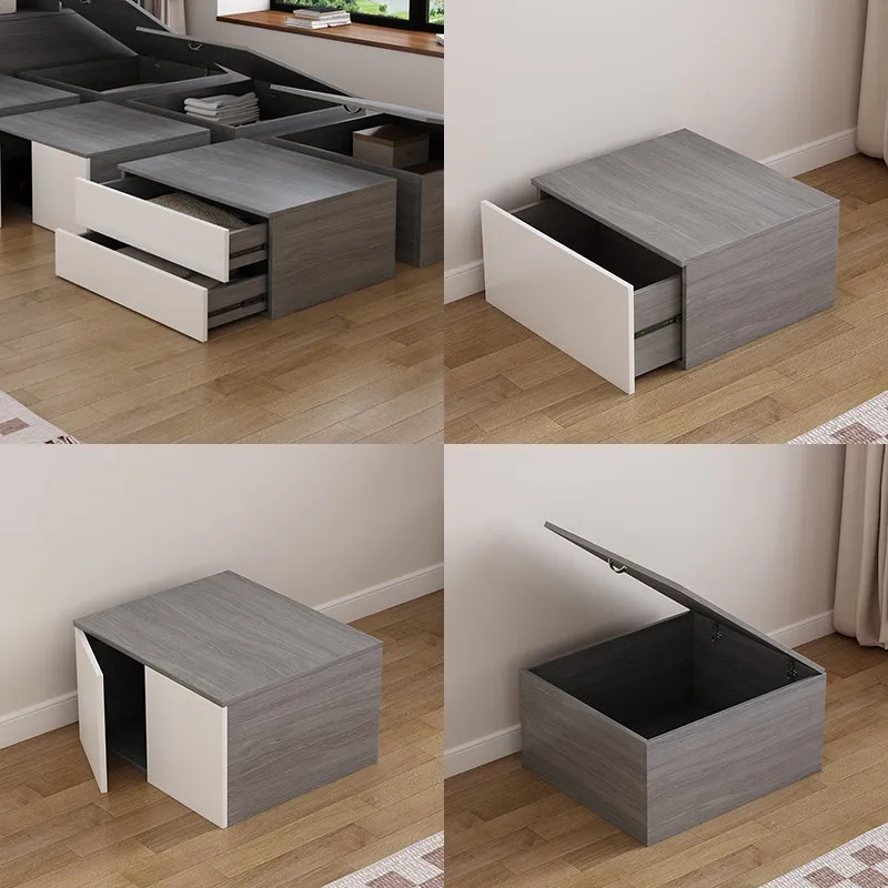 

Индивидуальная кровать-татами для спальни, модульная, для малогабаритных квартир, с подъемным механизмом, со встроенным диваном-подиумом и выдвижными ящиками для хранения.