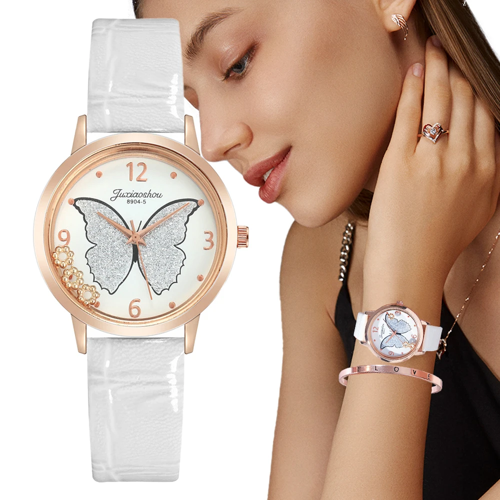 

Rhinestone Vlinder Ontwerp Vrouwen Fashion Horloges Eenvoudige Nummer Dames Quartz Horloges Casual Wit Leer Vrouwelijke Klok