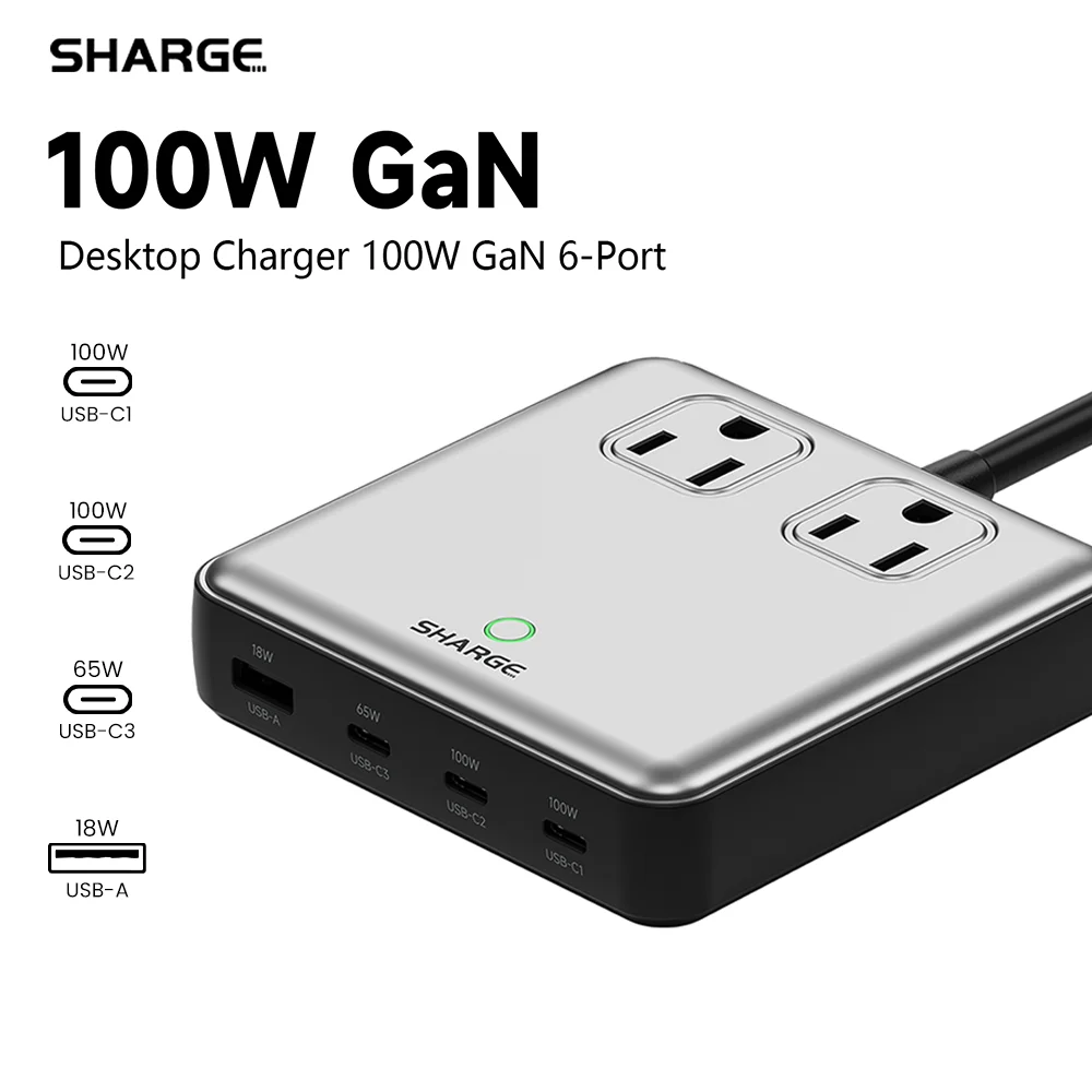 

SHARGE 6-в-1 дорожный удлинитель 2 розетки 3 USB 100 Вт портативная настольная зарядная станция удлинитель 5 футов для MacBook iPhone 15