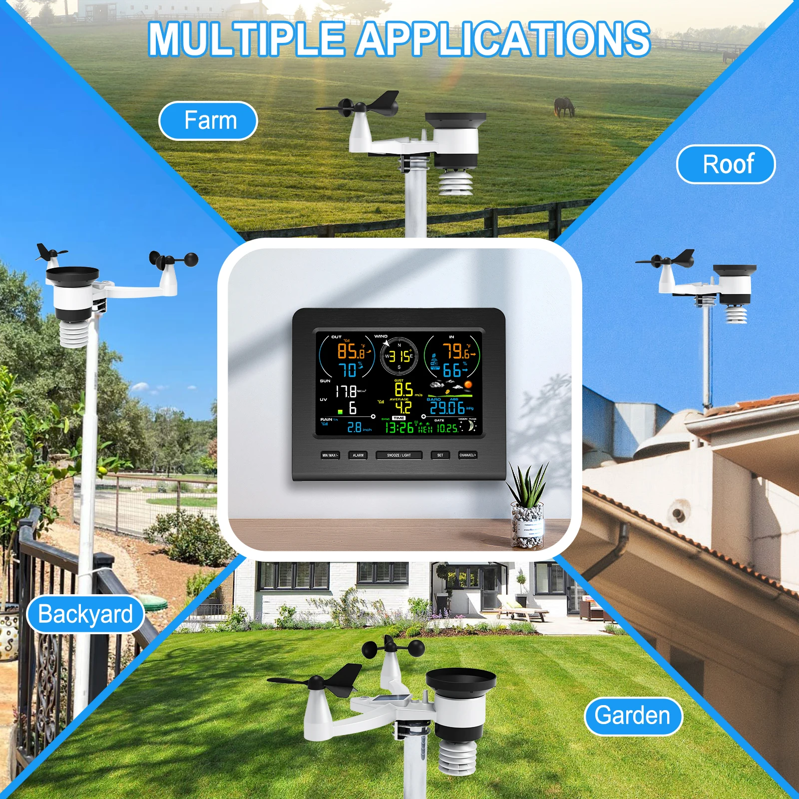8-in-1 WiFi Wireless Weather Station with Solar Power Mobile App Indoor/Outdoor Weather Monitor Forecast Rain/Wind/UV Sensor