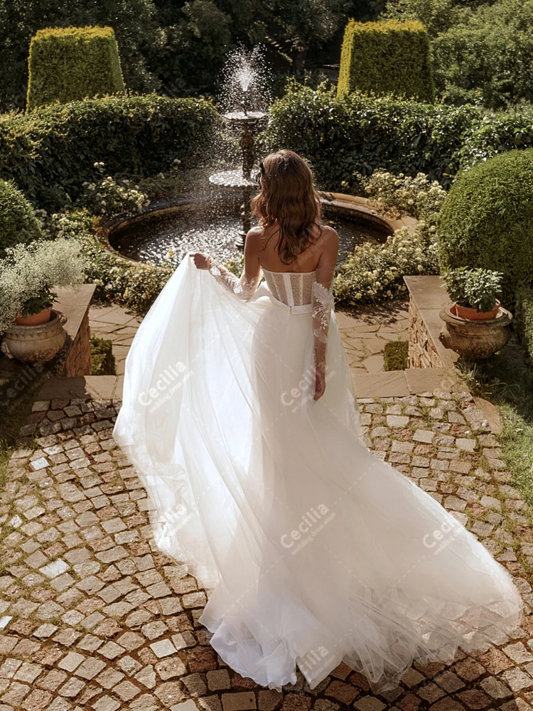 Vestidos de casamento glamorosos uma linha vestidos de noiva tule em camadas roupões rendas apliques mangas completas vestidos de novia personalizado 2025