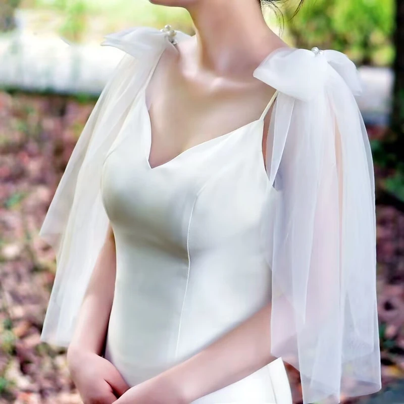 Bow Tulle Detachable Shoulder Sleeves Sheer Mesh Arm Covers Wedding Princess Dress Shoulder Accessories