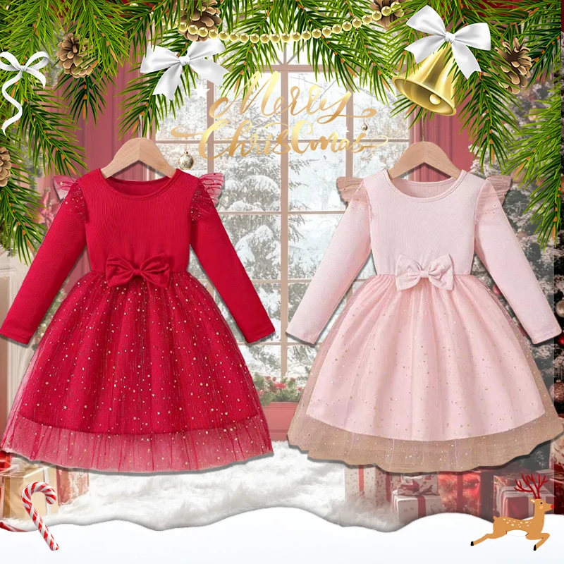 

Новое платье с длинными рукавами для девочек 2025: блестящее тюлевое платье принцессы с бантом для рождественской вечеринки и праздника