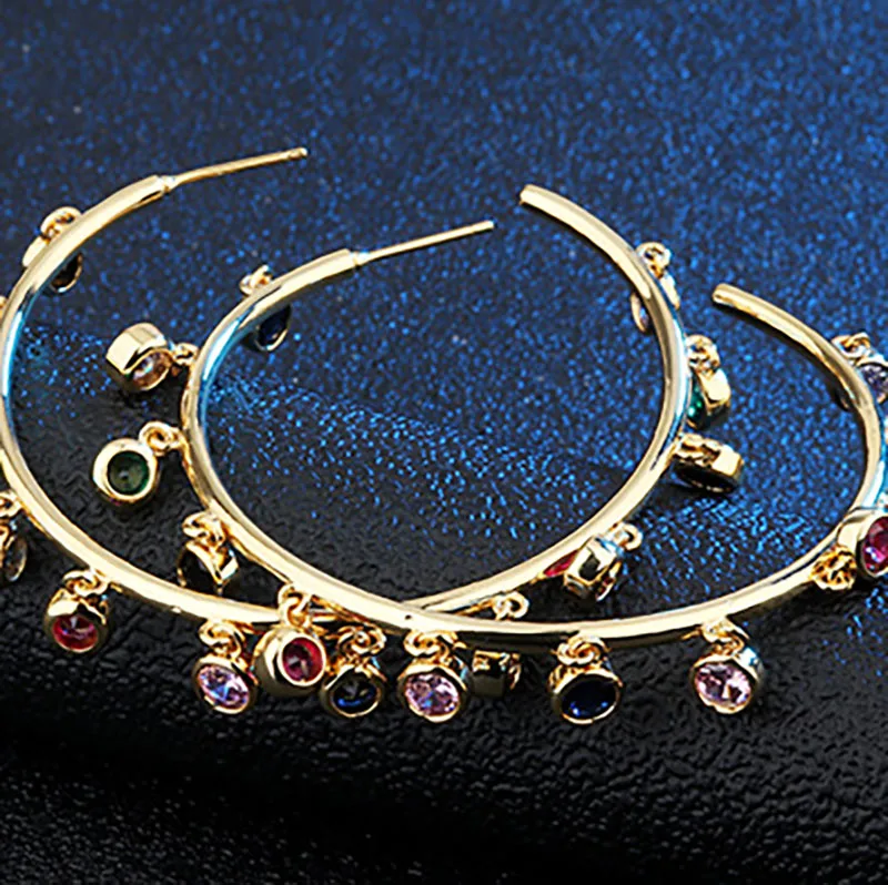 Women colorful zircon circular gold plated ring earrings hoop elegant fashion jewelry for ladies