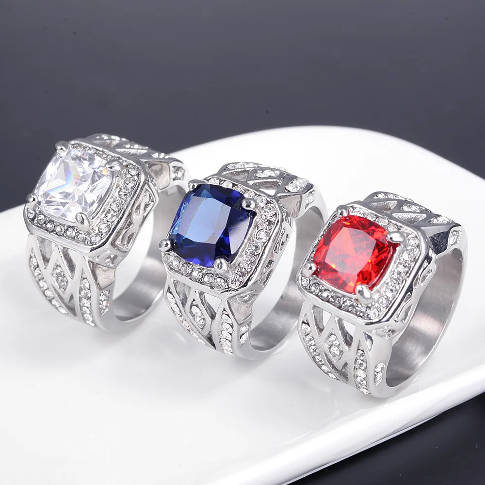 Simple and Personalized Jewelry in Europe and America, Stainless Steel Set with Gemstones, Three Color Rings, Sizes 7-13