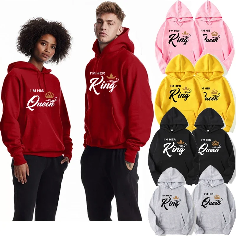 New Fashion King and Queen Printing Hoodies Couple Matching His and Her Couple Outfit Hooded Sweatshirt Pullover Casual Clothes