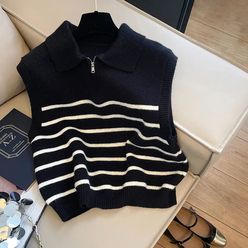 Women's Clothing retro lapel zipper Jackets Coats striped knitted vest sweater women autumn winter casual shoulder top new Vests