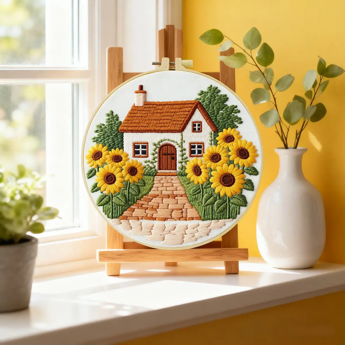 1 Stück 20X20CM/15X15CM 7,87/6,3 Zoll Sonnenblumen-Haus Stickerei Starter-Kit DIY-Kit DIY-Stickerei-Set Handarbeiten Nähkunst – Detail 1