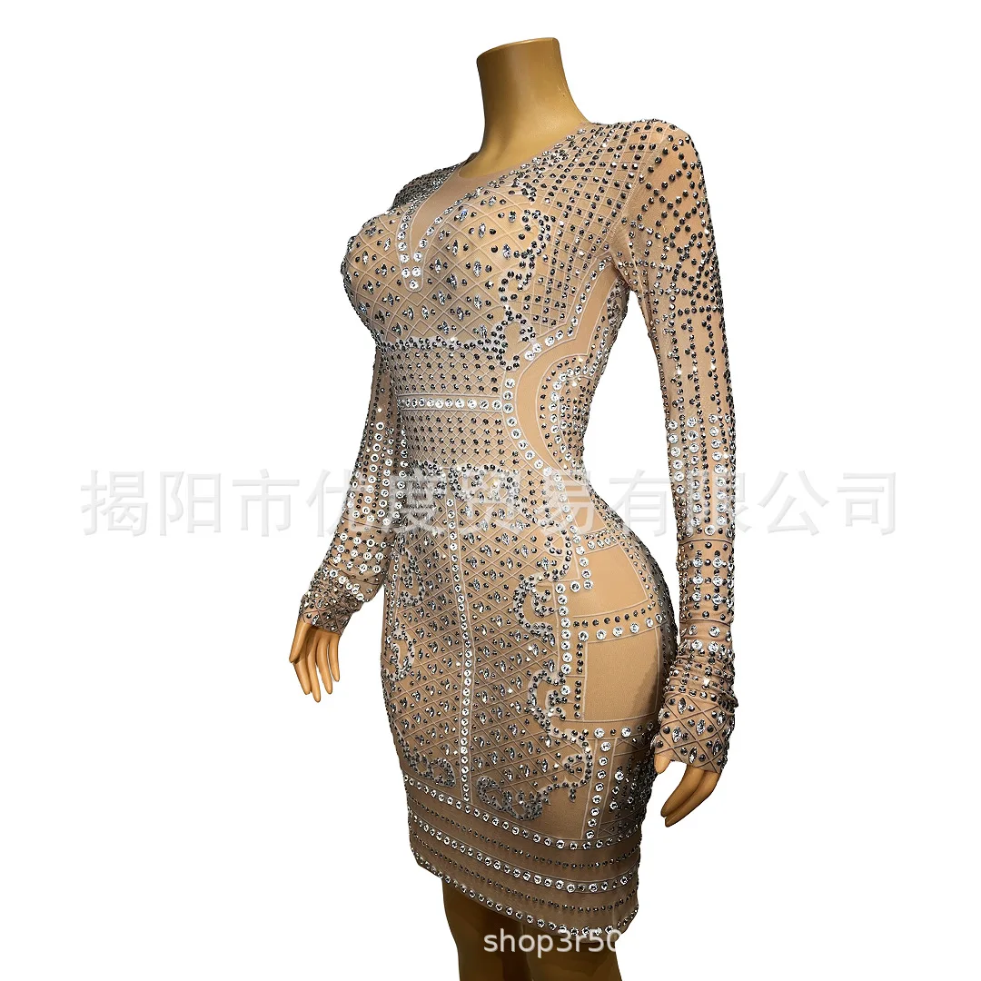 فستان نحيف بأكمام طويلة متألق عالي الجودة لحفلات الكوكتيل وحفلات أعياد الميلاد وتنورة قصيرة ومعطف الأداء فساتين الحفلات