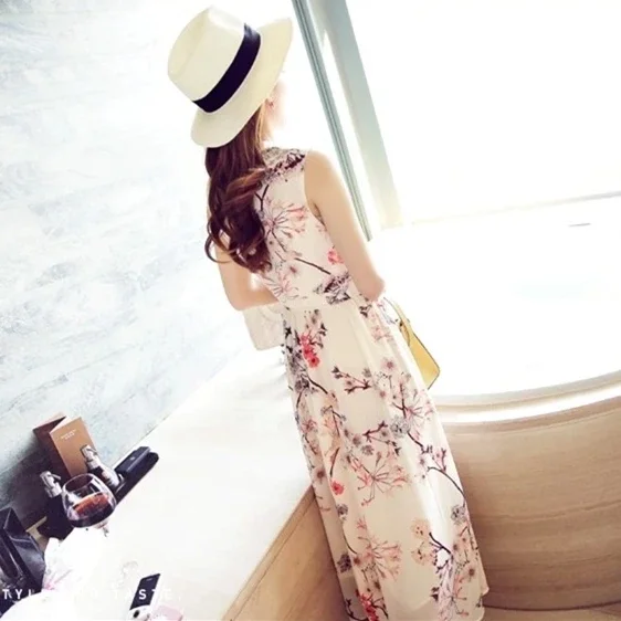 Korean Fashion Women Casual Holiday Dress Ladies Summer Sexy Floral Beach Sundress Bohemian Style Female Sleeveless Long Dresses