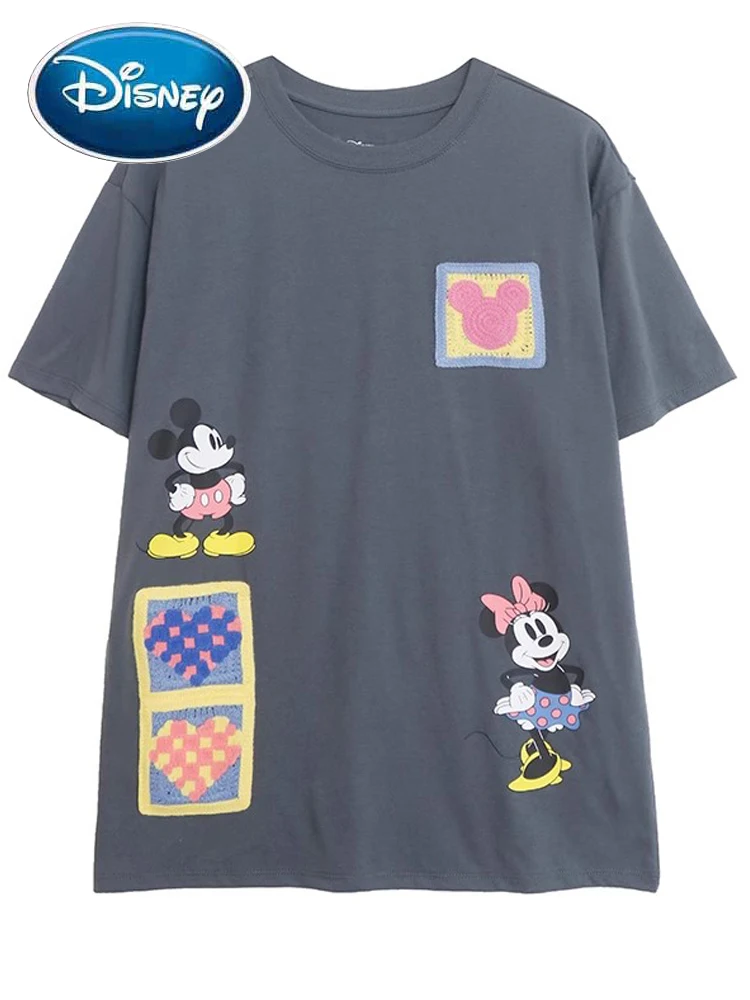 Disney T-Shirt Mickey Minnie Mouse Cartoon Print Embroidery Sweet Women O-Neck Pullover Short Sleeve Tee Tops Female Streetwear