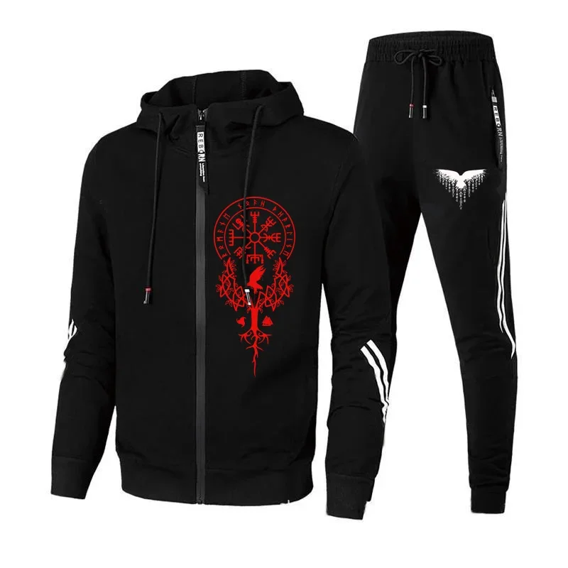 

2025 New Trend Men's Tracksuit Zipper Hoodies Sweatpants Ancient Viking Rune Pattern Jacket Trousers Male Fashion Casual Outfits